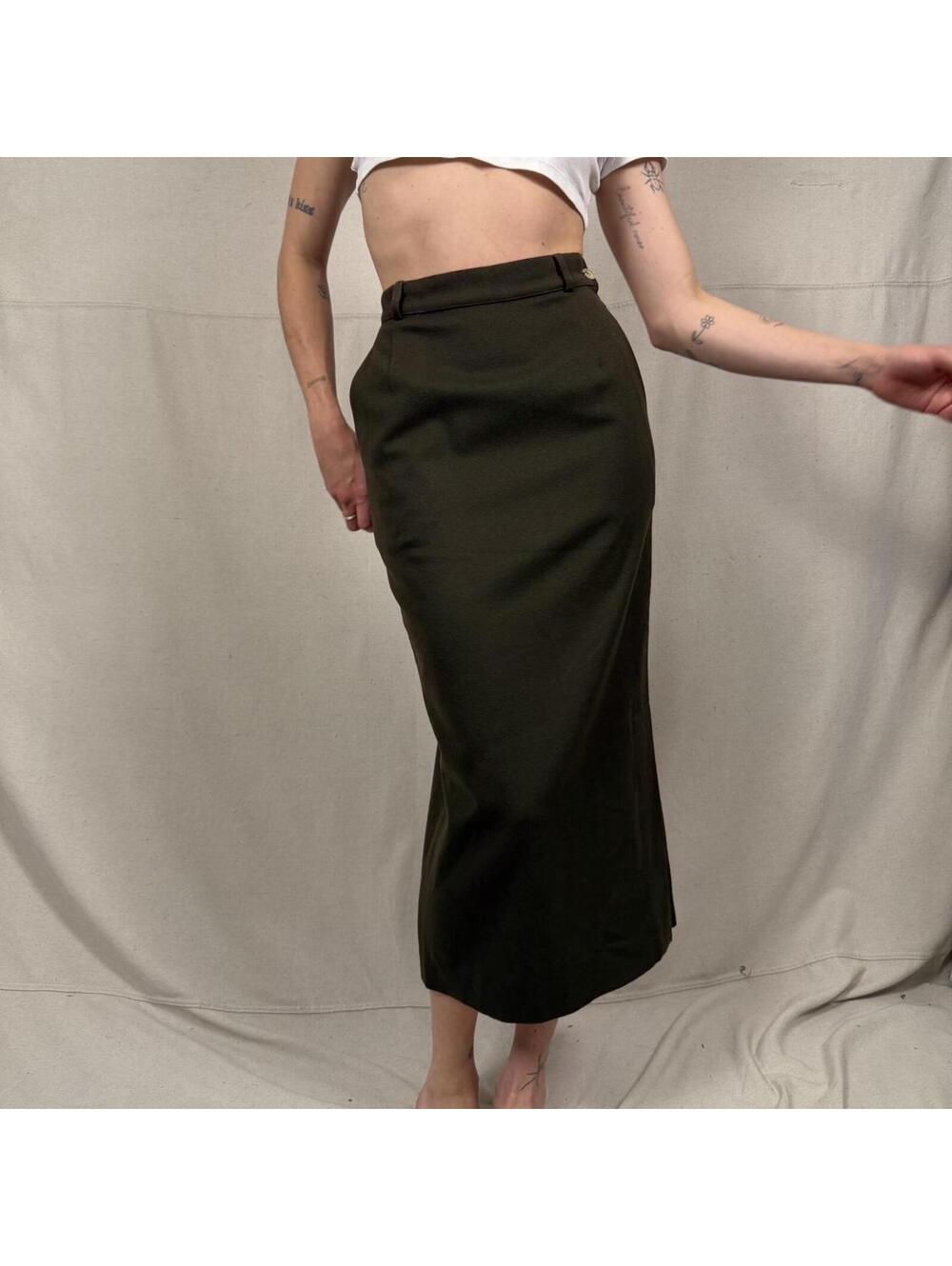 Vintage Italian Straight Skirt by TIMMI – Olive Green Wool Blend – Made in Italy